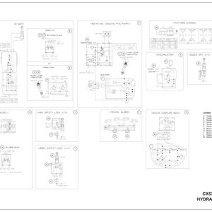 May include: A detailed black and white schematic diagram of a CX57C excavator's hydraulic system. The diagram includes various components and their connections, with labels and annotations. The bottom right corner displays the text "CX57C EXCAVATOR HYDRAULIC SCHEMATIC".