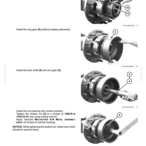 May include: Diagram of a rear axle system with planetary and final drives. The image shows the assembly process, including the installation of the O-ring, disk carrier, ring gear, stub shaft, and sun gear. Instructions include torque specifications.