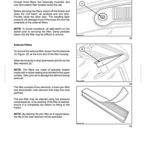 K&ouml;nnte beinhalten: Eine Seite aus einem technischen Handbuch mit dem Titel SECTION 4 - LUBRICATION AND MAINTENANCE, die das Verfahren zur Reinigung der Kabinenluftfilter beschreibt. Sie enth&auml;lt drei schwarz-wei&szlig;e Strichzeichnungen einer R&auml;ndelschraube, eines Filtergeh&auml;uses und eines Filterelements.