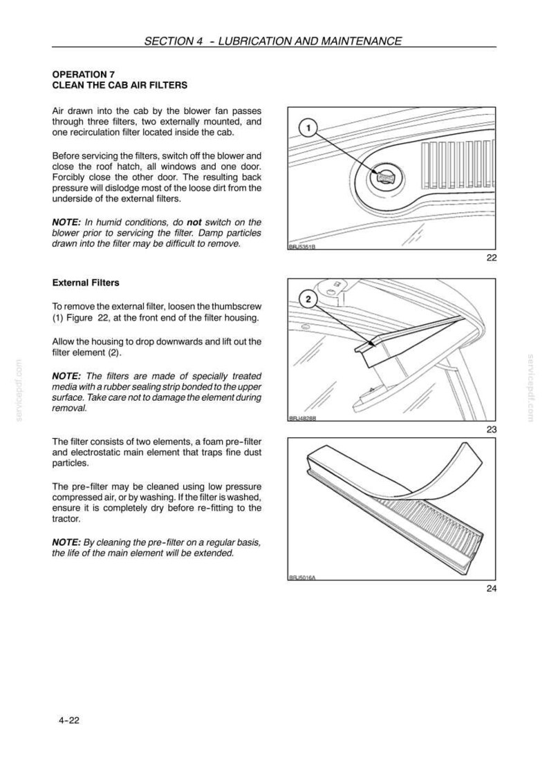 K&ouml;nnte beinhalten: Eine Seite aus einem technischen Handbuch mit dem Titel SECTION 4 - LUBRICATION AND MAINTENANCE, die das Verfahren zur Reinigung der Kabinenluftfilter beschreibt. Sie enth&auml;lt drei schwarz-wei&szlig;e Strichzeichnungen einer R&auml;ndelschraube, eines Filtergeh&auml;uses und eines Filterelements.