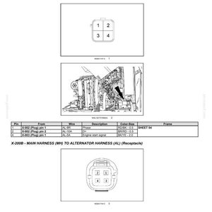 May include: Diagram of wire connectors for electrical systems, including X-200A and X-200B. The diagram shows the pin configuration and wire descriptions for the alternator and main harnesses. Includes a table with pin, wire, and colour-size information.