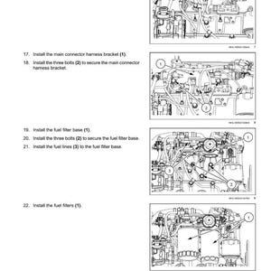 May include: Diagram of an engine cylinder head with numbered instructions and corresponding illustrations. The image shows the installation of fuel lines, filters, and brackets, with labels for each component. The text "Engine - Cylinder heads" is at the top.