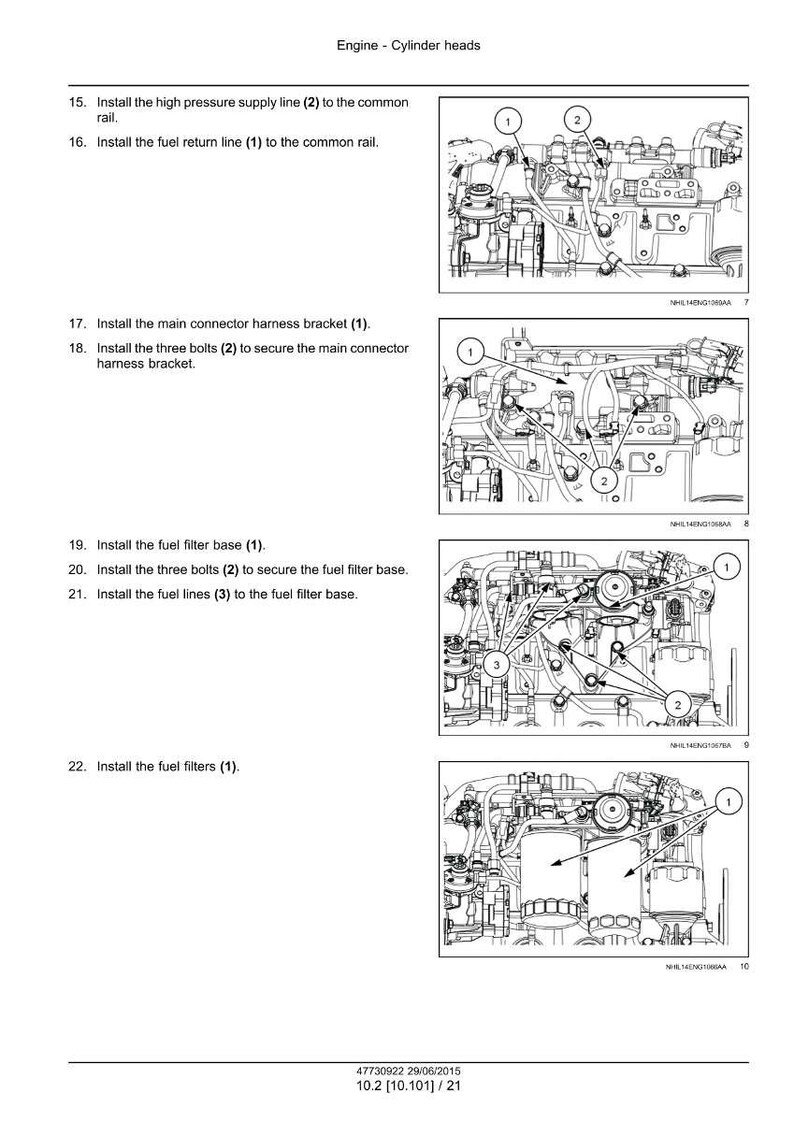 May include: Diagram of an engine cylinder head with numbered instructions and corresponding illustrations. The image shows the installation of fuel lines, filters, and brackets, with labels for each component. The text "Engine - Cylinder heads" is at the top.