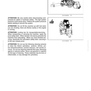 May include: A technical document page titled 2-SAFETY INFORMATION containing safety warnings for heavy machinery. It includes text instructions regarding exhaust fumes, hydraulic cables, refueling, locking bars, and cleaning solvents, with two illustrations.