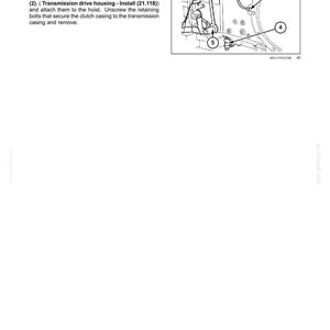 May include: Diagram of a vehicle's transmission system, showing components labeled 1 through 5. Text at the top reads "Transmission - Transmission/Rear drive." Instructions detail removing parts and positioning slings.