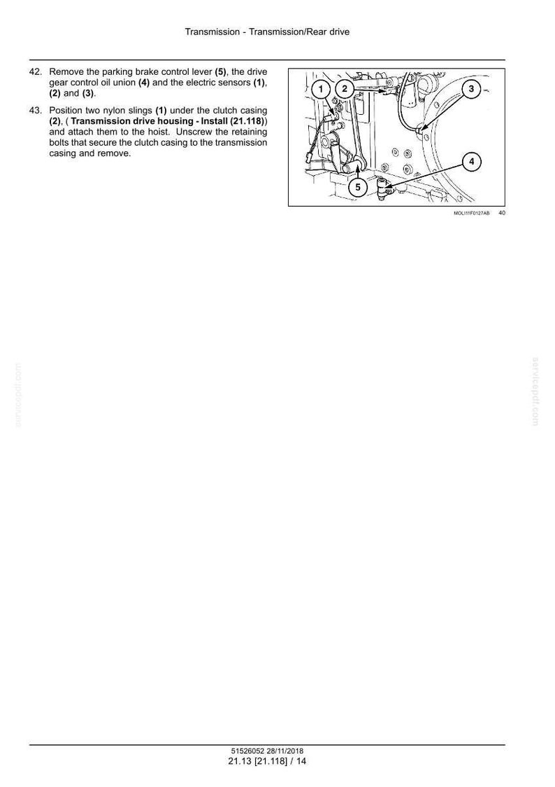 May include: Diagram of a vehicle's transmission system, showing components labeled 1 through 5. Text at the top reads "Transmission - Transmission/Rear drive." Instructions detail removing parts and positioning slings.