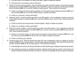 May include: A document titled "Electrical systems - FAULT CODES" with troubleshooting steps for automotive electrical systems. The text includes instructions for checking continuity, shorts, and open circuits, with references to specific connectors and wires.