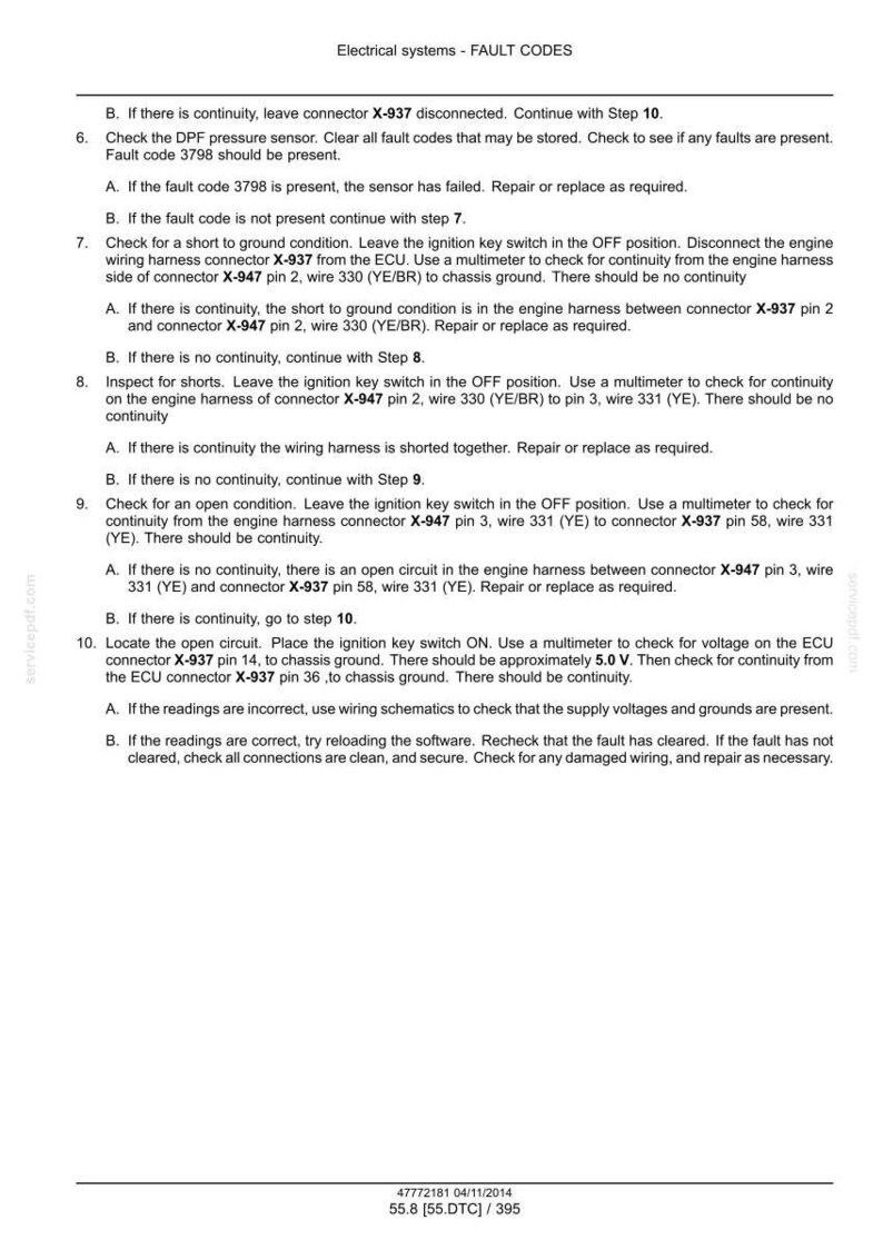 May include: A document titled "Electrical systems - FAULT CODES" with troubleshooting steps for automotive electrical systems. The text includes instructions for checking continuity, shorts, and open circuits, with references to specific connectors and wires.