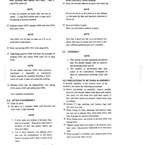 K&ouml;nnte beinhalten: Eine Seite eines technischen Dokuments mit den &Uuml;berschriften 3.4 AFTER DISASSEMBLY und 3.5 ASSEMBLY, die nummerierte Anweisungen zur Reinigung, Wartung und Montage mechanischer Teile sowie Hinweise zur Verwendung von Kerosin enth&auml;lt.