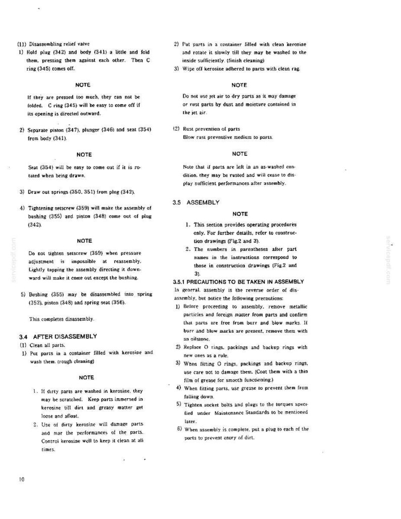 K&ouml;nnte beinhalten: Eine Seite eines technischen Dokuments mit den &Uuml;berschriften 3.4 AFTER DISASSEMBLY und 3.5 ASSEMBLY, die nummerierte Anweisungen zur Reinigung, Wartung und Montage mechanischer Teile sowie Hinweise zur Verwendung von Kerosin enth&auml;lt.