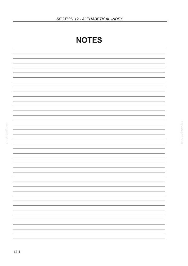 K&ouml;nnte beinhalten: Eine wei&szlig;e Seite mit horizontalen Linien zum Notieren. Der Text "SECTION 12 - ALPHABETICAL INDEX" steht oben, darunter fettgedruckt "NOTES". Die Seite stammt aus einem Notizbuch oder Dokument.