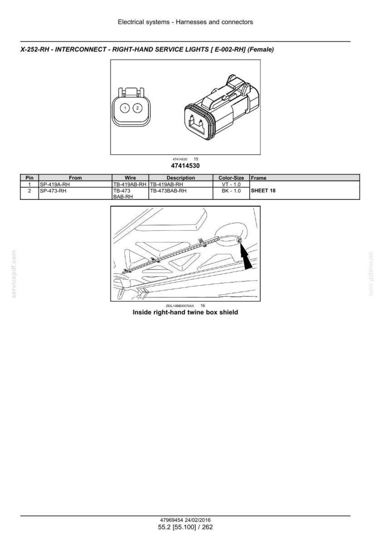 May include: Diagram showing electrical connectors and wiring, with part numbers and descriptions. Includes top-down and angled views of the connector. Text reads "X-252-RH - INTERCONNECT - RIGHT-HAND SERVICE LIGHTS [E-002-RH] (Female)".