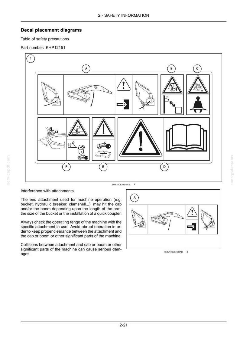 May include: Diagram of safety precautions with multiple warning symbols and illustrations. Includes a large exclamation point within a triangle, a book, and various machine diagrams. Text includes "Decal placement diagrams".