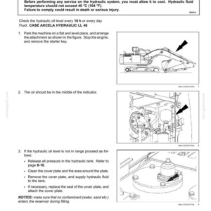 May include: Page from a maintenance manual with instructions for checking the hydraulic oil level. Includes diagrams of machinery and warnings about burn hazards and fluid temperature limits. Text includes fluid type and maintenance steps.