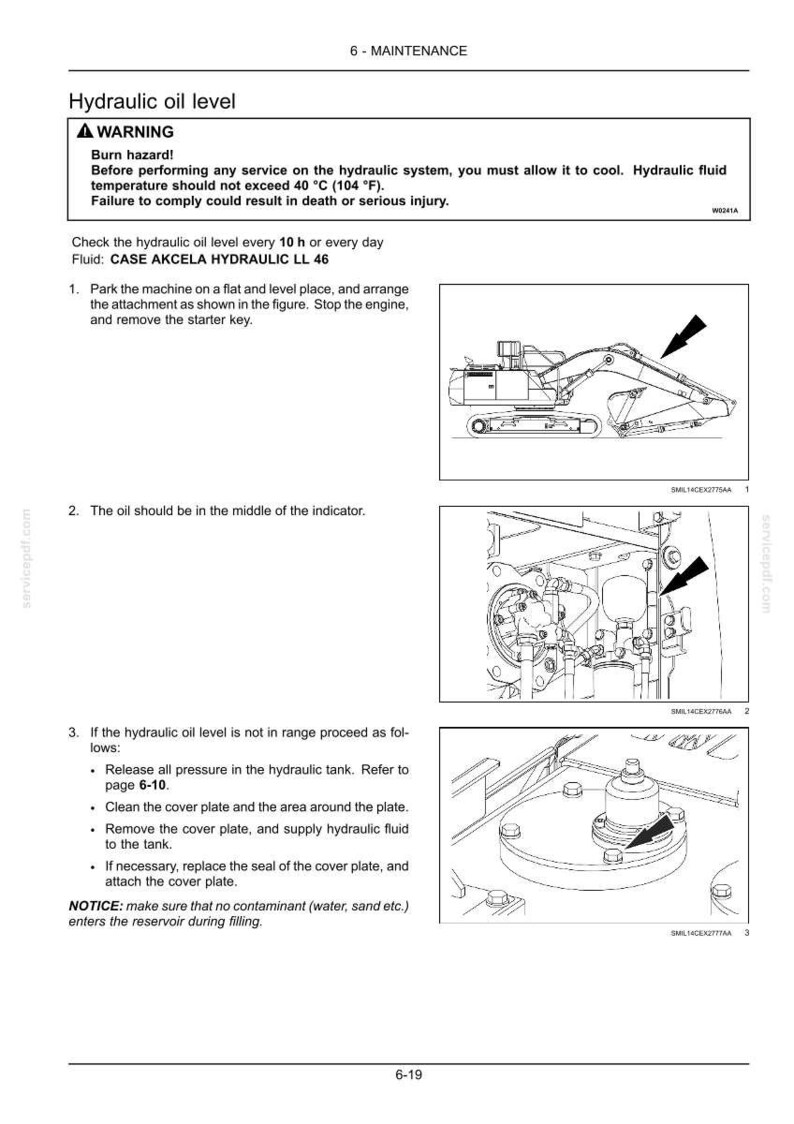 May include: Page from a maintenance manual with instructions for checking the hydraulic oil level. Includes diagrams of machinery and warnings about burn hazards and fluid temperature limits. Text includes fluid type and maintenance steps.