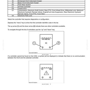 May include: Diagram of an electrical system's controller identifier code table. The table lists identifiers like IG and IH with their corresponding controller functions. Includes diagrams with menu, up, and down arrows, and a warning symbol.