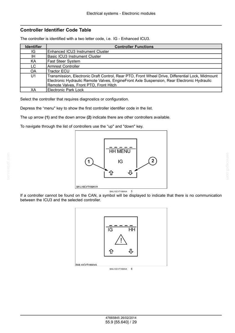 May include: Diagram of an electrical system's controller identifier code table. The table lists identifiers like IG and IH with their corresponding controller functions. Includes diagrams with menu, up, and down arrows, and a warning symbol.