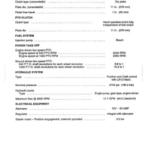 May include: A technical specifications document for 5530 and 6530 models, detailing transmission clutch, PTO clutch, fuel system, power take off, hydraulic system, and electrical equipment with measurements in inches, psi, and GPM.