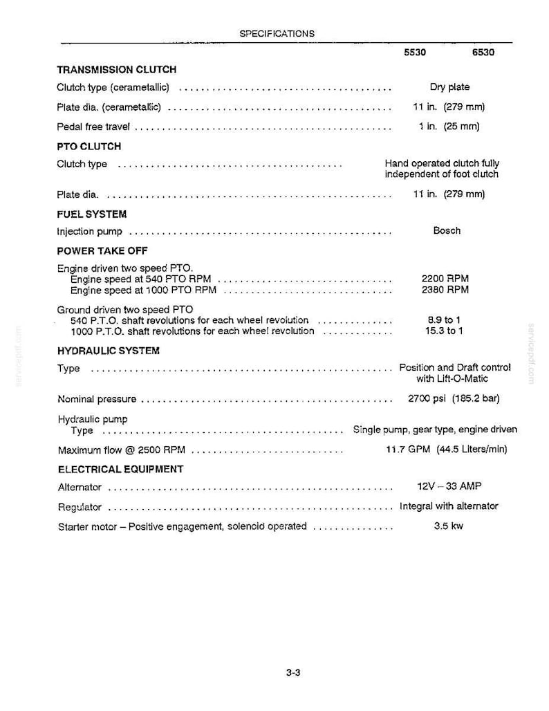 May include: A technical specifications document for 5530 and 6530 models, detailing transmission clutch, PTO clutch, fuel system, power take off, hydraulic system, and electrical equipment with measurements in inches, psi, and GPM.