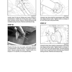 May include: Diagrams illustrating automotive repair steps. Includes instructions for installing O-rings, seals, and connecting drive shafts to transmissions. Text includes torque specifications in pound-feet and Newton meters.