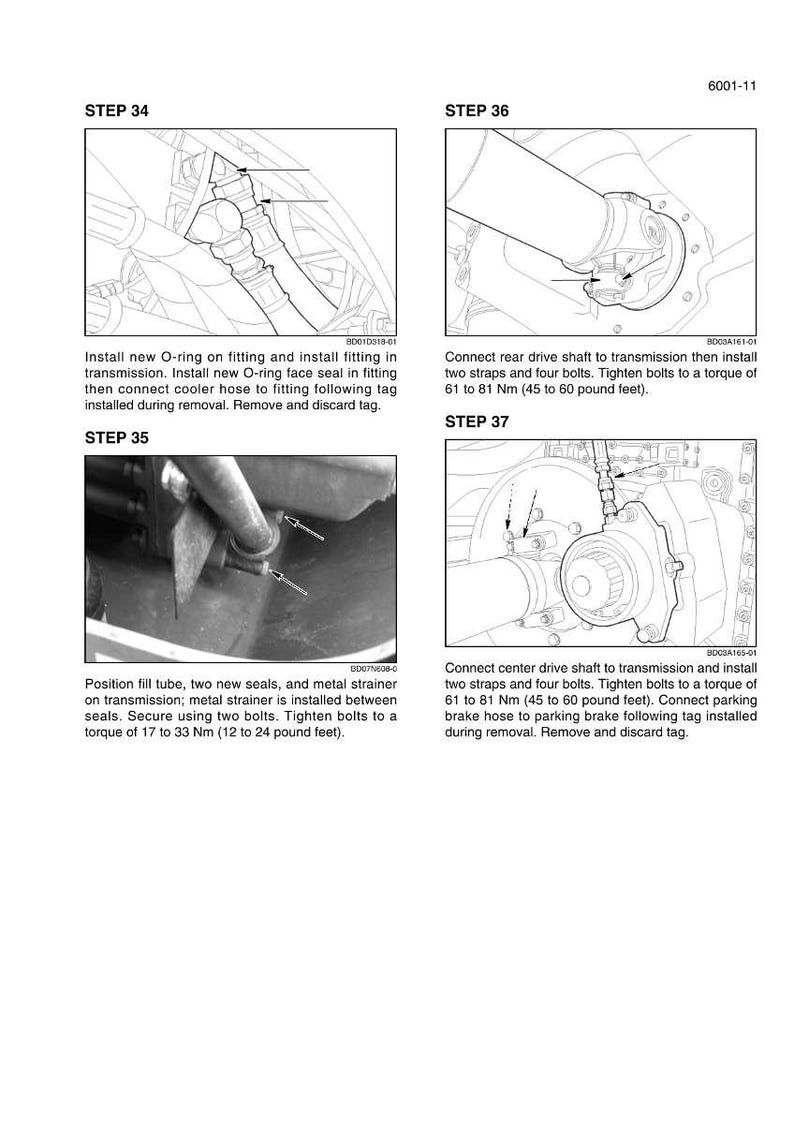 May include: Diagrams illustrating automotive repair steps. Includes instructions for installing O-rings, seals, and connecting drive shafts to transmissions. Text includes torque specifications in pound-feet and Newton meters.
