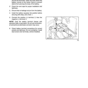 May include: A technical manual page titled SECTION 90 - BODYWORK - CHAPTER 1, featuring installation instructions for a tractor battery. It includes a numbered diagram showing a battery, a strap, and J-bolt labeled 1, 2, and 3, with text.
