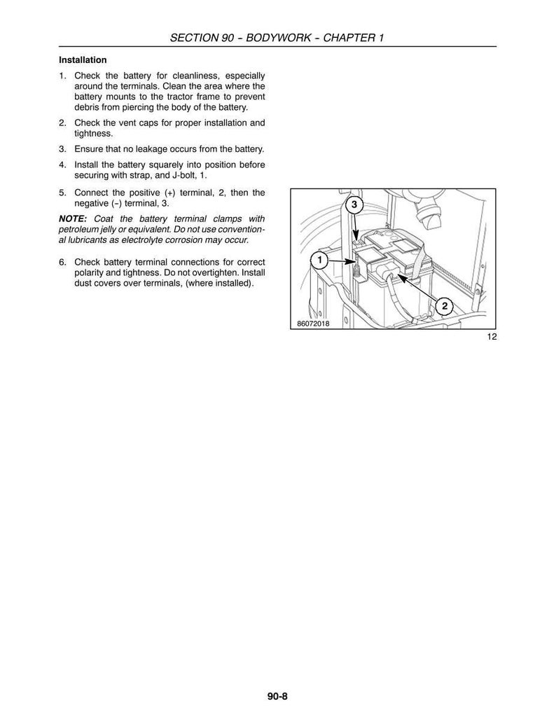 May include: A technical manual page titled SECTION 90 - BODYWORK - CHAPTER 1, featuring installation instructions for a tractor battery. It includes a numbered diagram showing a battery, a strap, and J-bolt labeled 1, 2, and 3, with text.