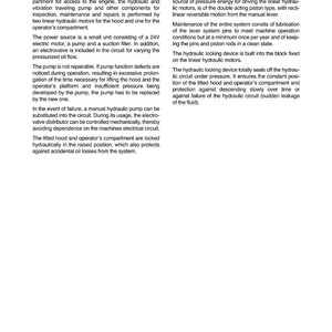 Op de afbeelding: Een pagina uit een handleiding over hefhydrauliek. De tekst beschrijft de componenten en de werking van het hydraulische systeem, inclusief de pomp, motoren en vergrendelingsinrichtingen. De pagina bevat schema's en technische specificaties.
