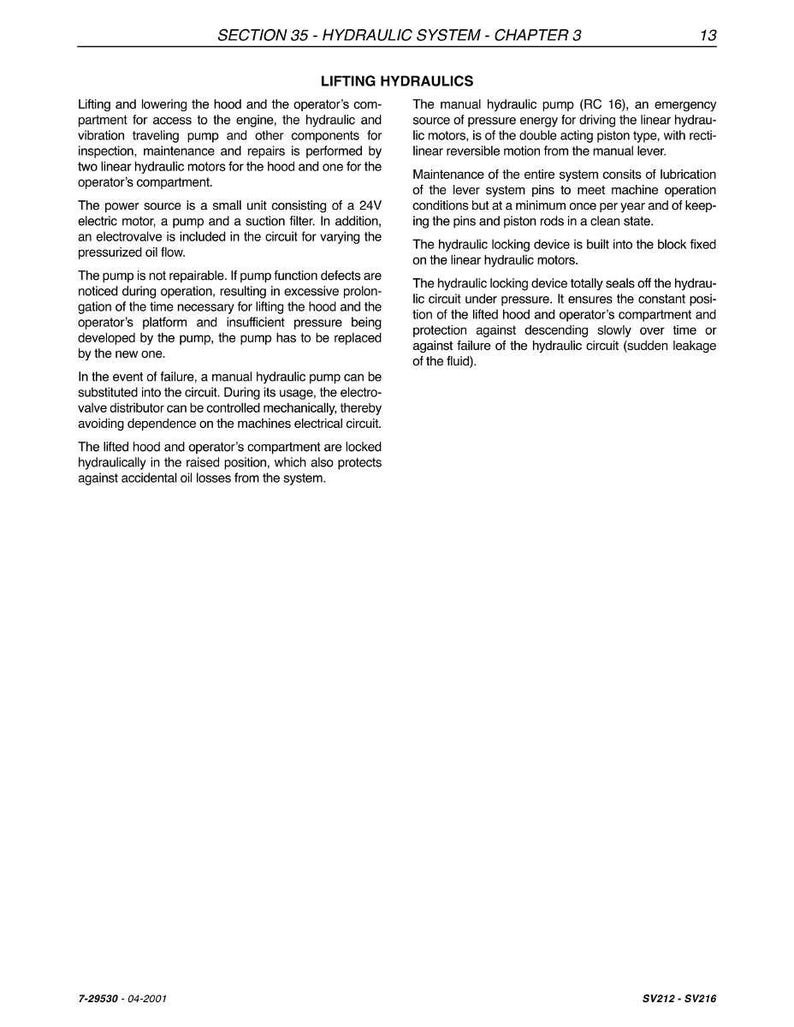 Op de afbeelding: Een pagina uit een handleiding over hefhydrauliek. De tekst beschrijft de componenten en de werking van het hydraulische systeem, inclusief de pomp, motoren en vergrendelingsinrichtingen. De pagina bevat schema's en technische specificaties.