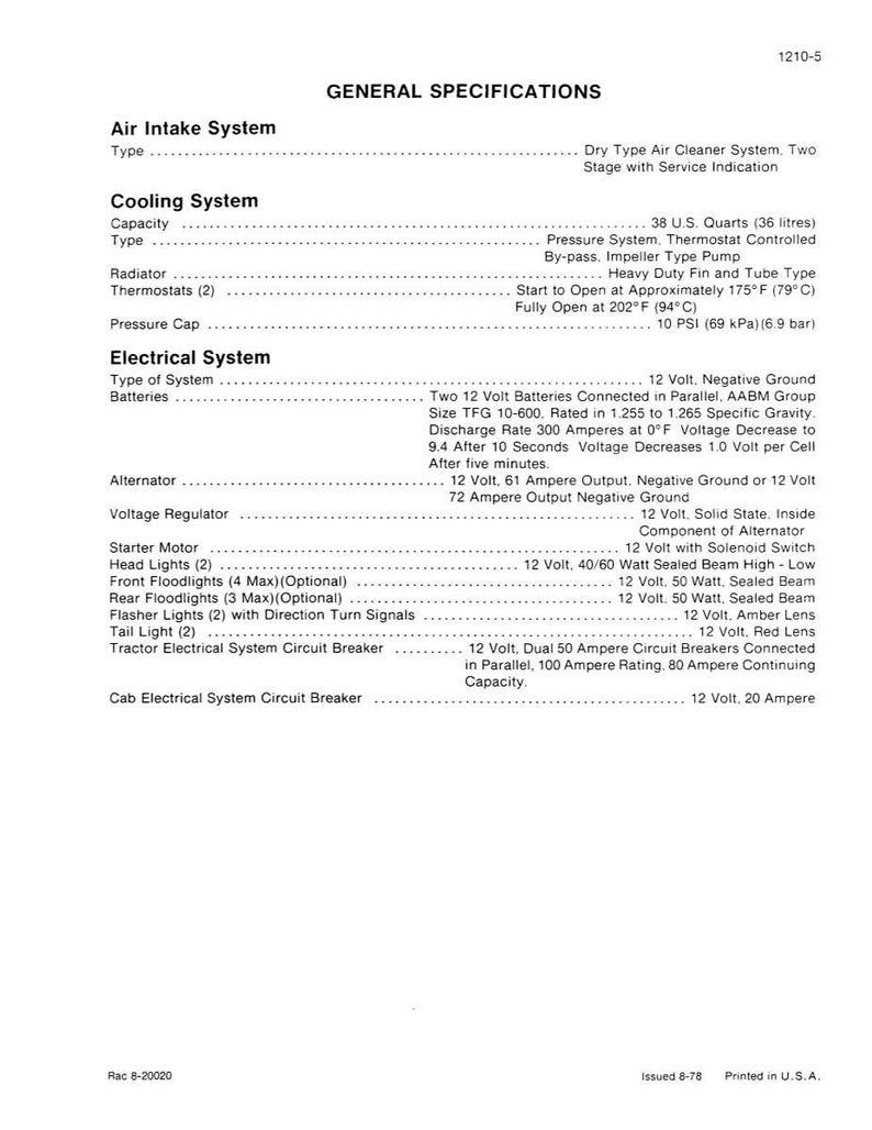 May include: A printed page with the title "GENERAL SPECIFICATIONS" and detailed technical information. The document includes specifications for the air intake, cooling, and electrical systems, including voltage, capacity, and type of components.