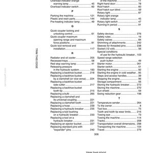 May include: A black and white alphabetical index from a manual, listing terms and page numbers. The text includes terms like "Orange warning lamp", "Safety devices", and "Towing eye". The document is trimmed on the left edge.