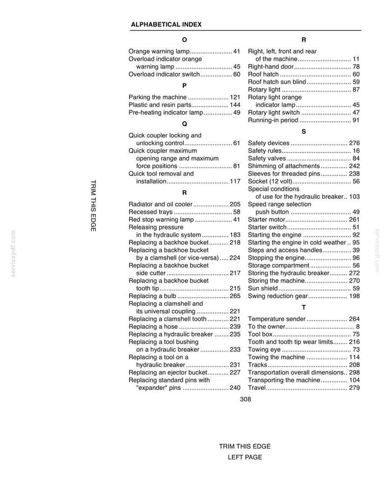 May include: A black and white alphabetical index from a manual, listing terms and page numbers. The text includes terms like "Orange warning lamp", "Safety devices", and "Towing eye". The document is trimmed on the left edge.