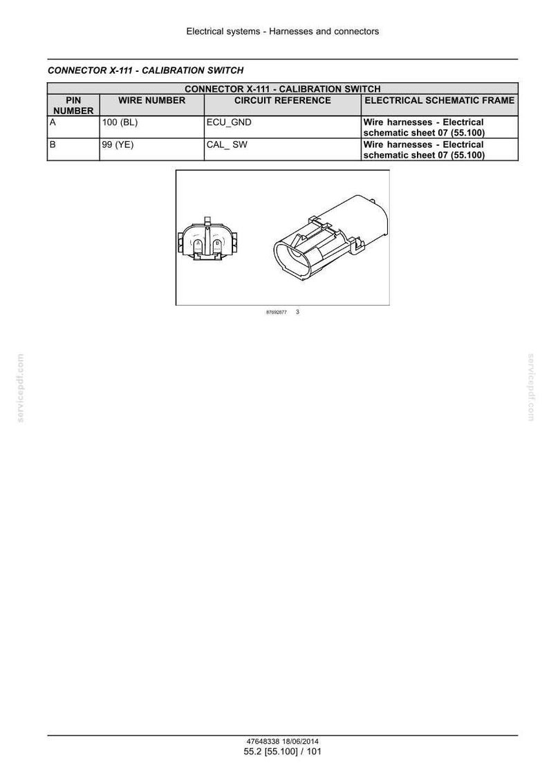 May include: Diagram of a calibration switch, Connector X-111, with pin numbers, wire numbers, circuit references, and electrical schematic frames. Includes two illustrations of the connector.
