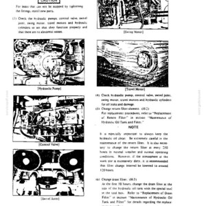 May include: A technical manual page featuring black and white diagrams of heavy machinery components including a swing motor, hydraulic pump, travel motor, control valve, and swivel joint, with instructional text regarding maintenance and safety.