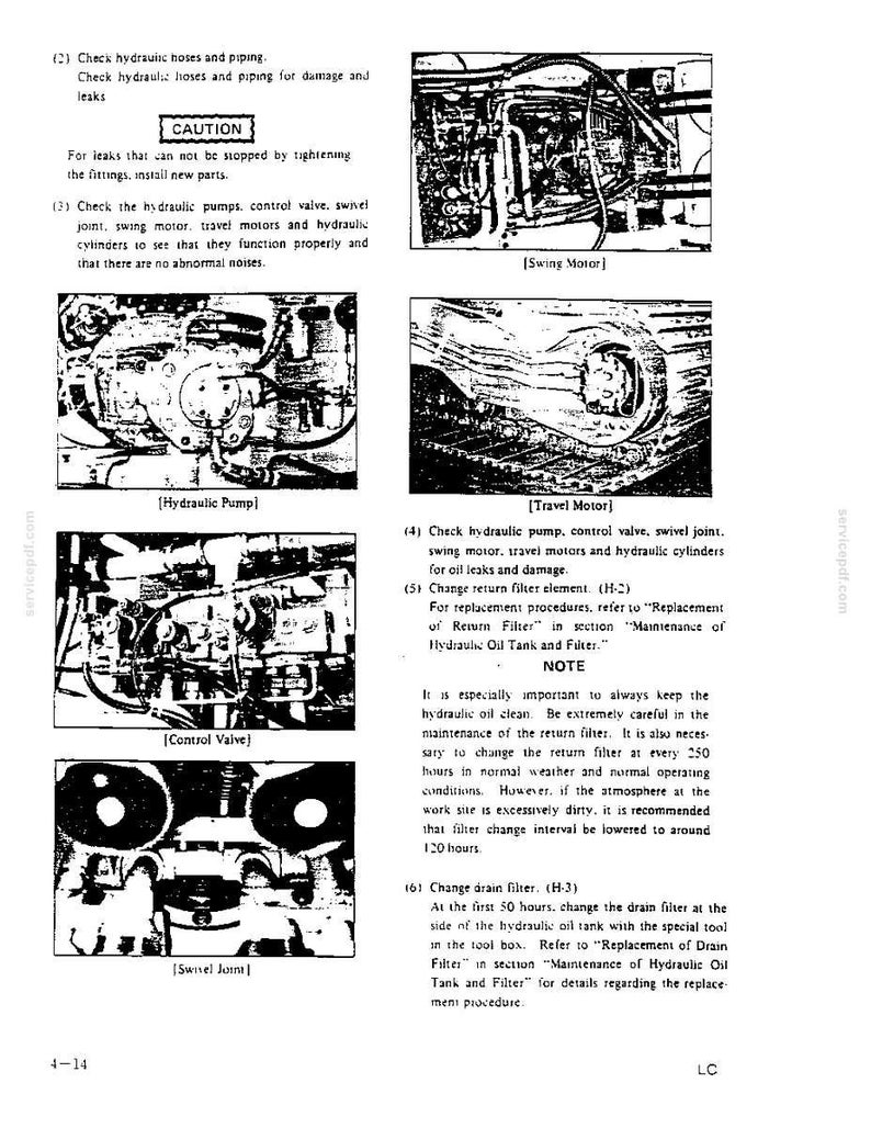May include: A technical manual page featuring black and white diagrams of heavy machinery components including a swing motor, hydraulic pump, travel motor, control valve, and swivel joint, with instructional text regarding maintenance and safety.