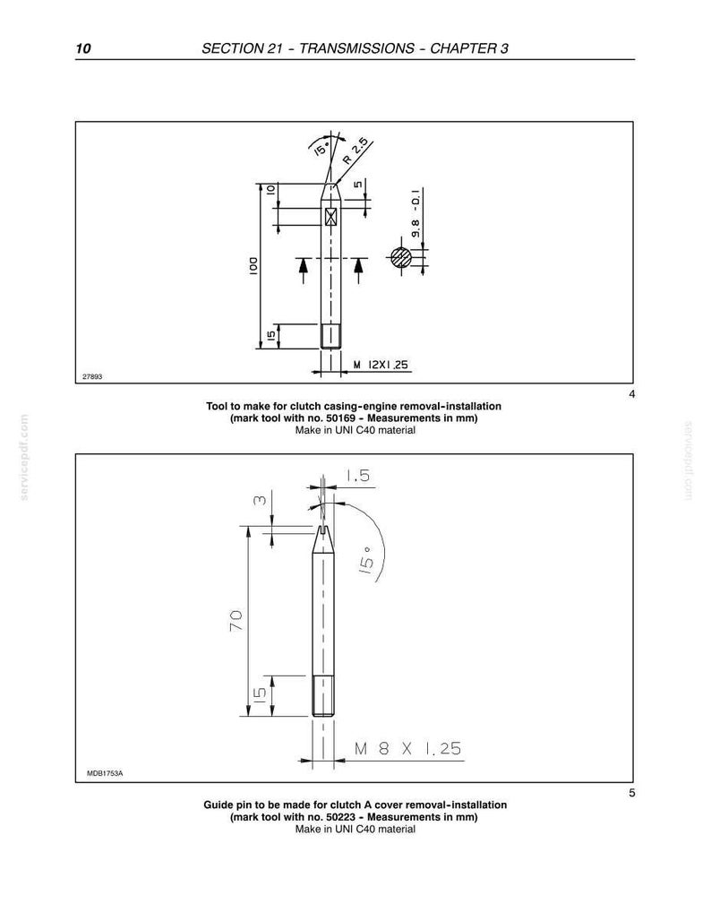 May include: Technical diagram of tools for clutch casing-engine removal and installation. The diagram includes measurements in millimeters, with a tool marked with no. 50169. The text also mentions the material used, UNI C40.