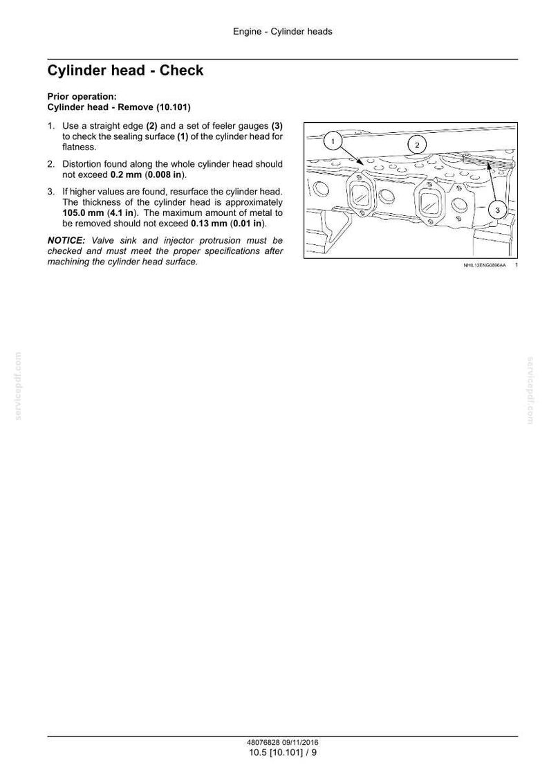 May include: Diagram of a cylinder head with numbered points and text instructions for checking flatness and distortion. The text includes measurements in inches and the text "Cylinder head - Check".