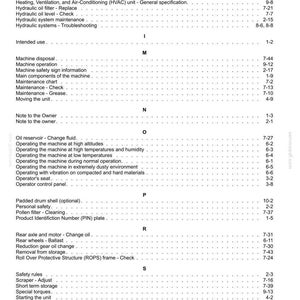 May include: A detailed page from a manual, featuring a table of contents with various sections like 'Hydraulic oil filter,' 'Machine operation,' and 'Safety rules.' The text is in black against a white background.
