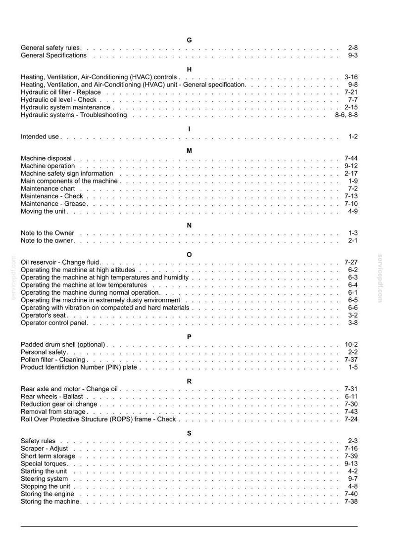 May include: A detailed page from a manual, featuring a table of contents with various sections like 'Hydraulic oil filter,' 'Machine operation,' and 'Safety rules.' The text is in black against a white background.