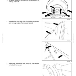 May include: Technical diagram illustrating track roller adjustment. The image shows detailed steps, including paint removal, edge inspection, and roller installation. Includes text: "Track rollers - Adjust".