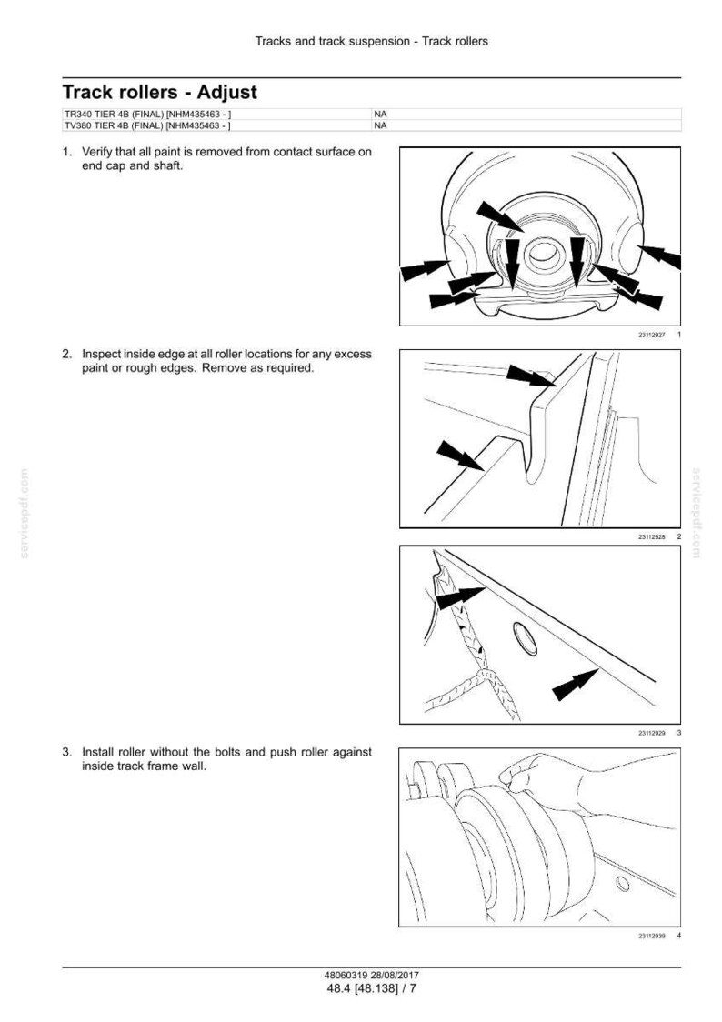 May include: Technical diagram illustrating track roller adjustment. The image shows detailed steps, including paint removal, edge inspection, and roller installation. Includes text: "Track rollers - Adjust".