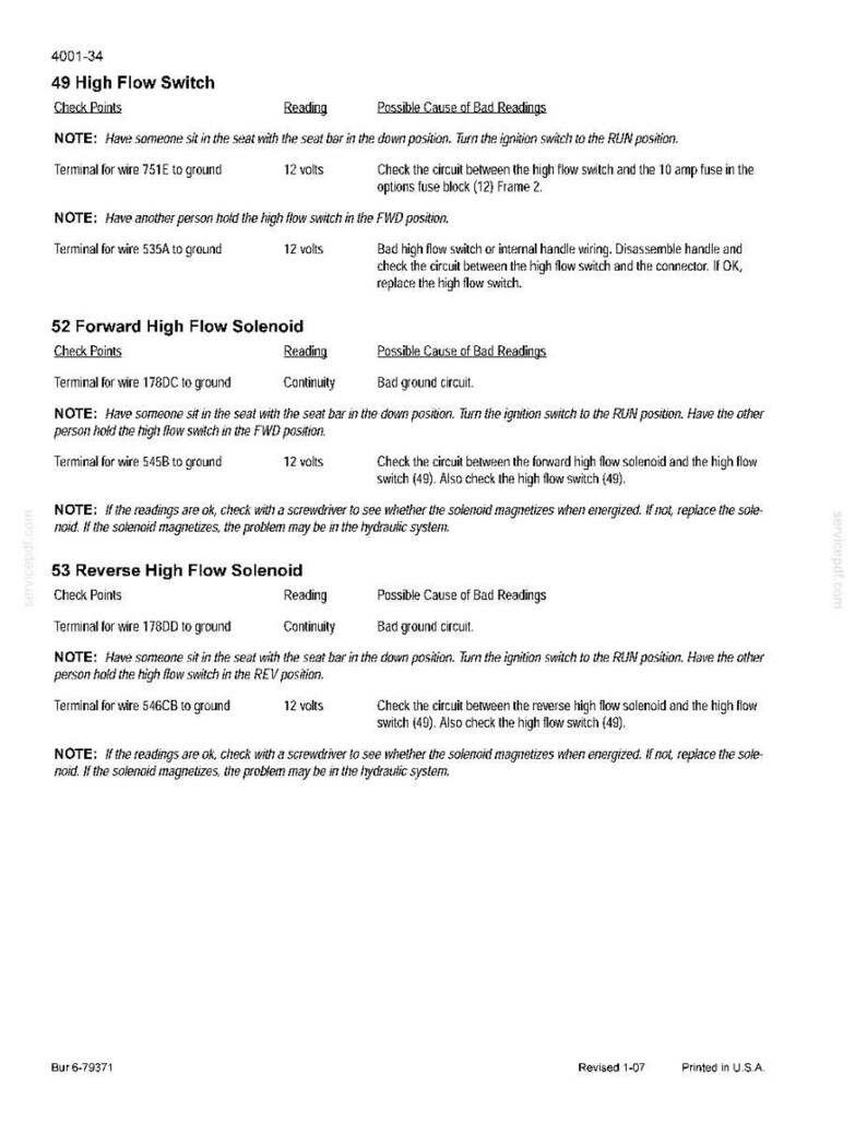 May include: A printed page with technical diagrams and troubleshooting steps for high flow switches and solenoids. Includes voltage readings, check points, and possible causes of bad readings. Text includes "Revised 1-07" and "Printed in U.S.A."