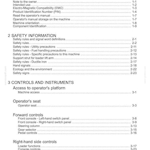 May include: A detailed table of contents from a manual, with sections on general and safety information, controls, and instruments. The text is black on a white background, with page numbers.