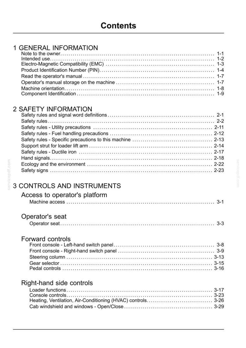 May include: A detailed table of contents from a manual, with sections on general and safety information, controls, and instruments. The text is black on a white background, with page numbers.