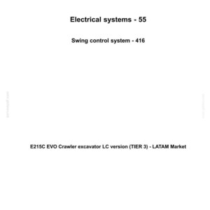 以下が含まれることがあります： 「NEW HOLLAND CONSTRUCTION」のロゴが入った白いドキュメント。テキストには「Electrical systems - 55」、「Swing control system - 416」、および「E215C EVO Crawler excavator LC version (TIER 3) - LATAM Market」が含まれています。