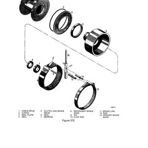 May include: An exploded diagram of mechanical components, including a cable drum, O-ring, seal plate, and brake drum. The image is a black and white technical illustration with labels and numbers identifying each part.