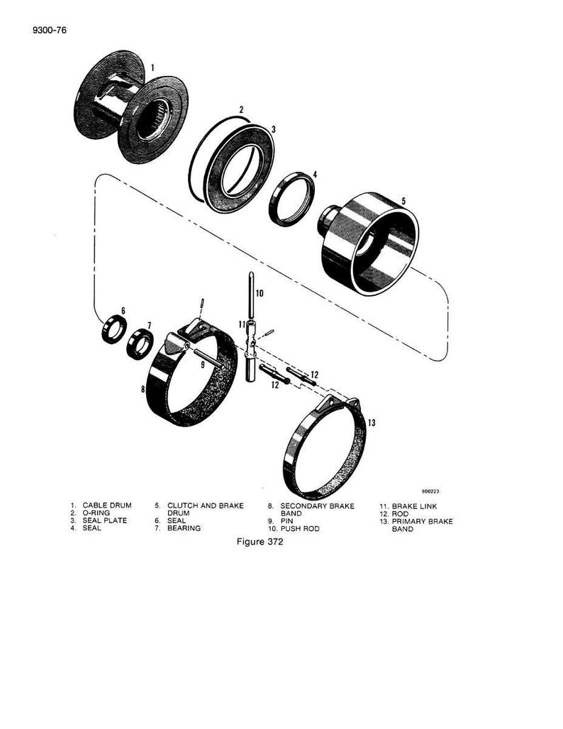 May include: An exploded diagram of mechanical components, including a cable drum, O-ring, seal plate, and brake drum. The image is a black and white technical illustration with labels and numbers identifying each part.