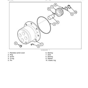 Op de afbeelding: Een explosietekening van een planetaire aandrijving en naaf, met onderdelen zoals de planetaire dragerkap, tandwielen, lagers en een elastische ring. De tekening bevat labels voor elk onderdeel.
