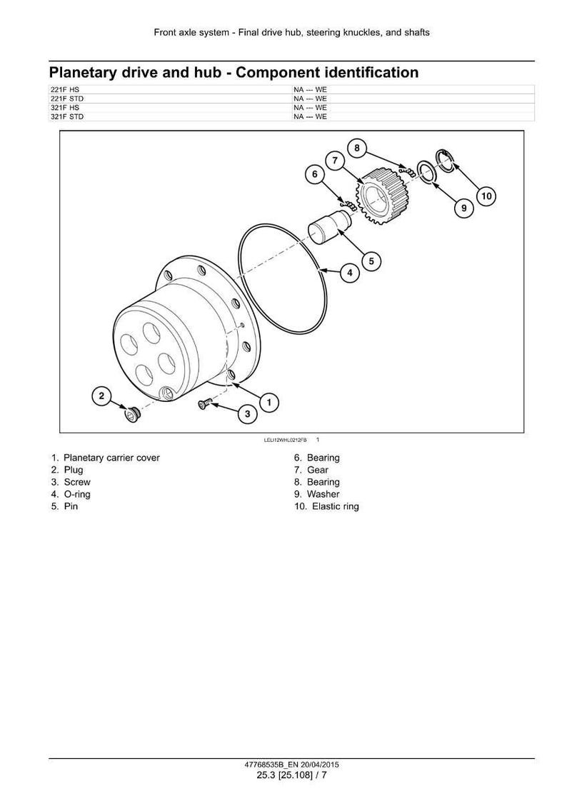 Op de afbeelding: Een explosietekening van een planetaire aandrijving en naaf, met onderdelen zoals de planetaire dragerkap, tandwielen, lagers en een elastische ring. De tekening bevat labels voor elk onderdeel.