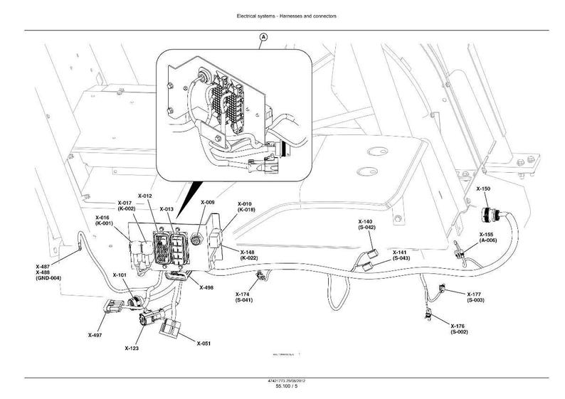 以下が含まれることがあります： 電気システム、ハーネス、コネクタの図。画像には、X-016、X-017、X-010などのコードでラベル付けされたさまざまなコンポーネントが表示されています。図には、コネクタの詳細なインセットビューが含まれています。